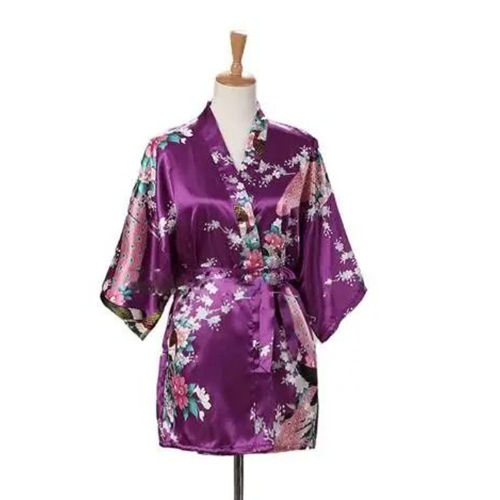 Peacock Print Japanese Kimono Yukata Professional Silk Satin Short Nightgown Bath Robe Costume 4