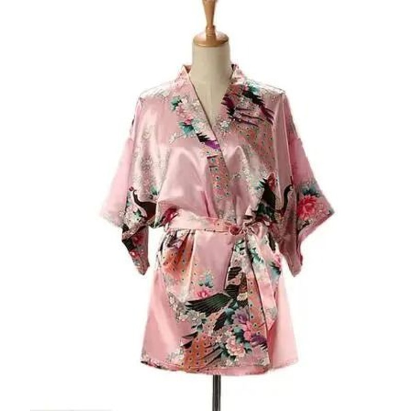 Peacock Print Japanese Kimono Yukata Professional Silk Satin Short Nightgown Bath Robe Costume 5