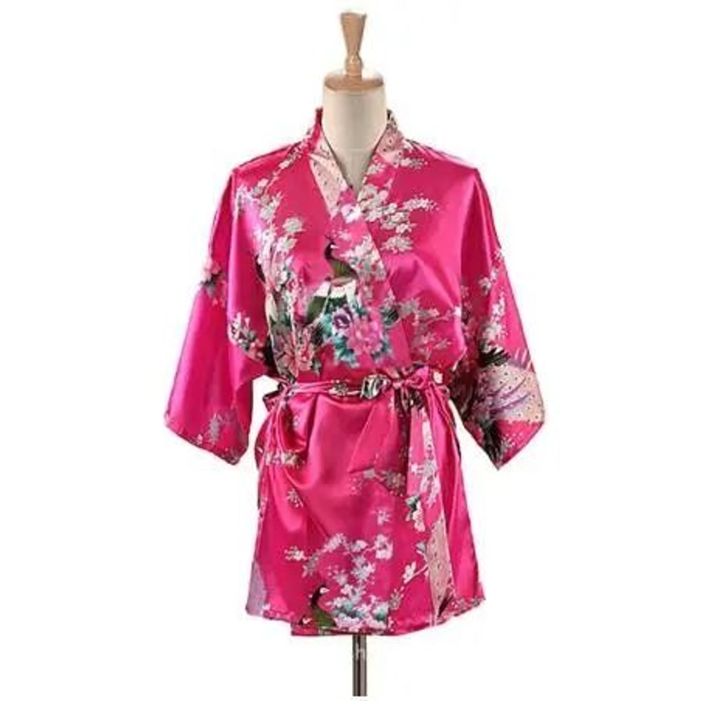 Peacock Print Japanese Kimono Yukata Professional Silk Satin Short Nightgown Bath Robe Costume 6