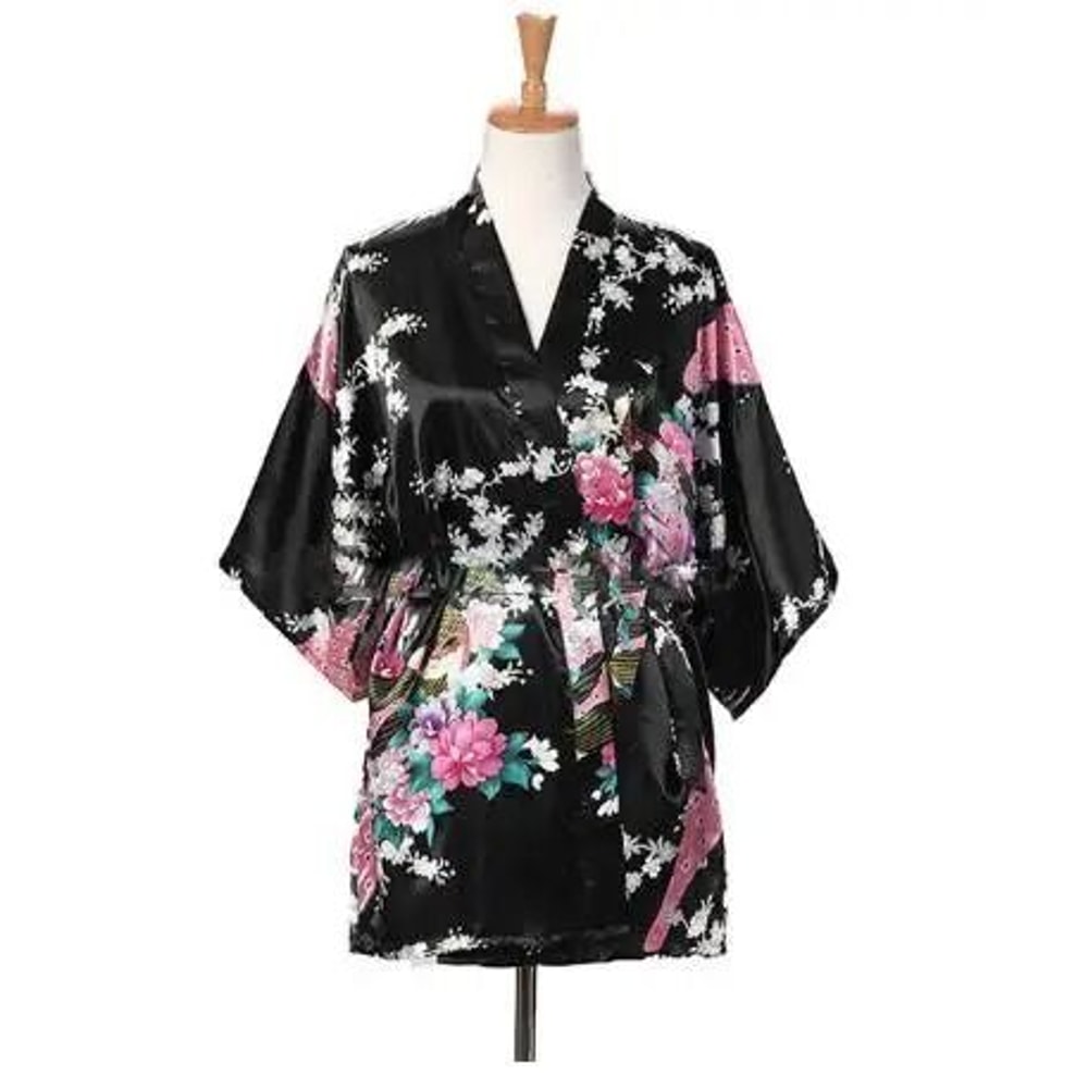 Peacock Print Japanese Kimono Yukata Professional Silk Satin Short Nightgown Bath Robe Costume 7