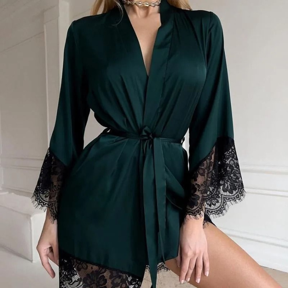 FrenchStyle Sexy Satin Nightgown Robe Professional VNeck Lace Bathrobe Silky Sleepwear 0