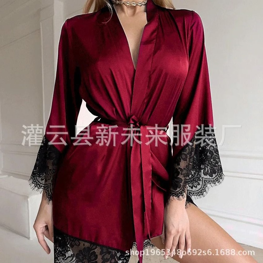 FrenchStyle Sexy Satin Nightgown Robe Professional VNeck Lace Bathrobe Silky Sleepwear 10