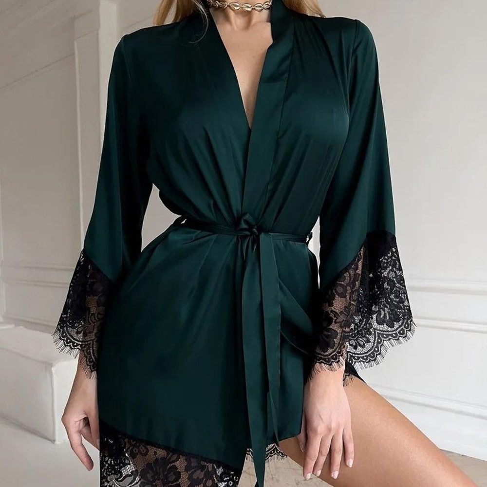 FrenchStyle Sexy Satin Nightgown Robe Professional VNeck Lace Bathrobe Silky Sleepwear 6