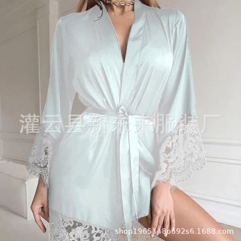 FrenchStyle Sexy Satin Nightgown Robe Professional VNeck Lace Bathrobe Silky Sleepwear 7