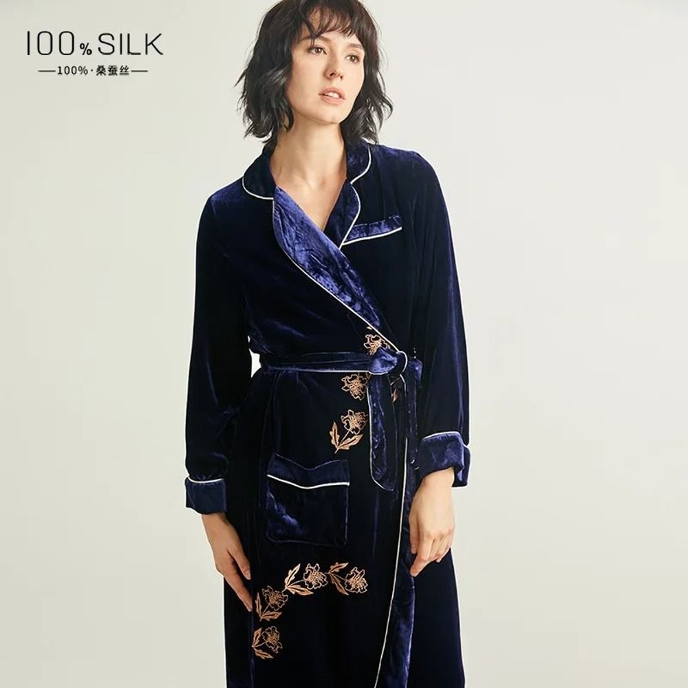 Luxury 19 Momme Heavyweight Silk Long Robe 100 Mulberry Silk Velvet Winter Bathrobe 0