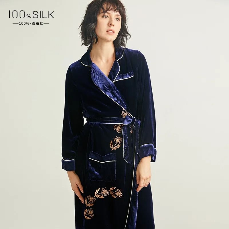 Luxury 19 Momme Heavyweight Silk Long Robe 100 Mulberry Silk Velvet Winter Bathrobe 0