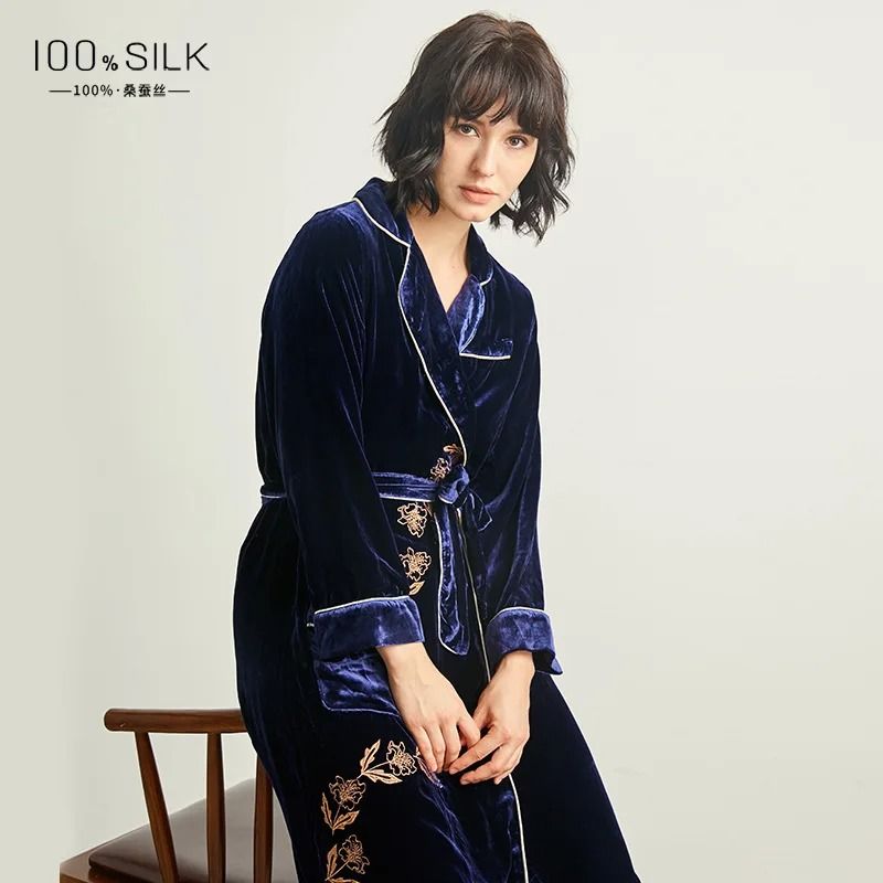 Luxury 19 Momme Heavyweight Silk Long Robe 100 Mulberry Silk Velvet Winter Bathrobe 3
