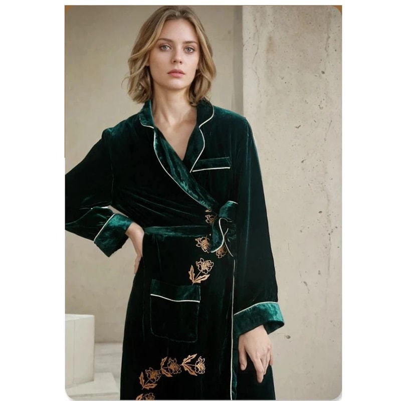 Luxury 19 Momme Heavyweight Silk Long Robe 100 Mulberry Silk Velvet Winter Bathrobe 6