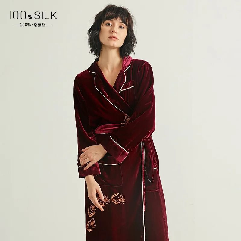Luxury 19 Momme Heavyweight Silk Long Robe 100 Mulberry Silk Velvet Winter Bathrobe 8