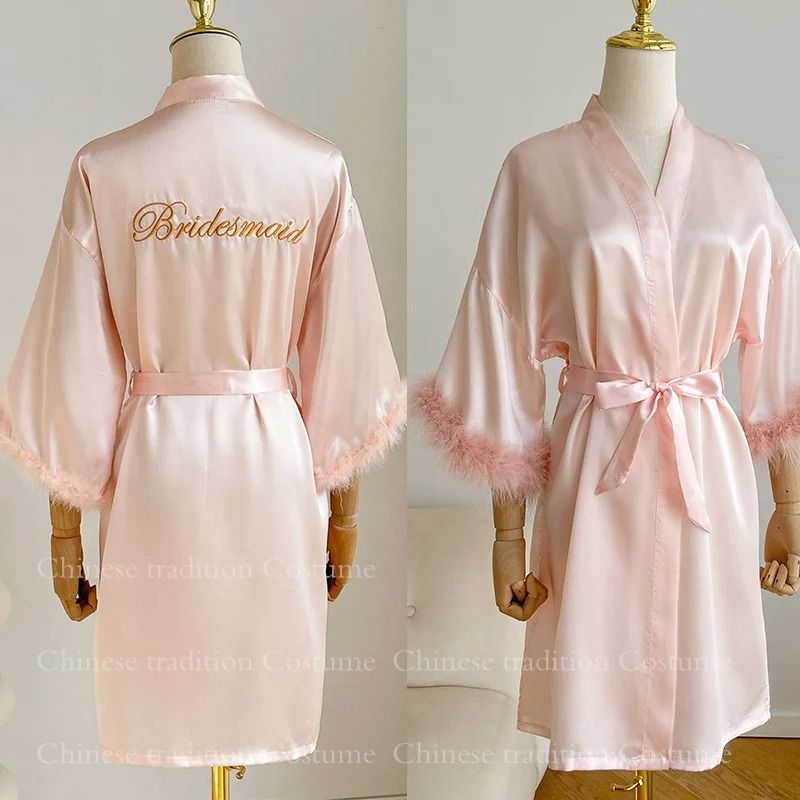 Luxurious White Bridal Feather Robe Professional Satin Wedding Kimono Sexy Bridesmaid Peignoir 10