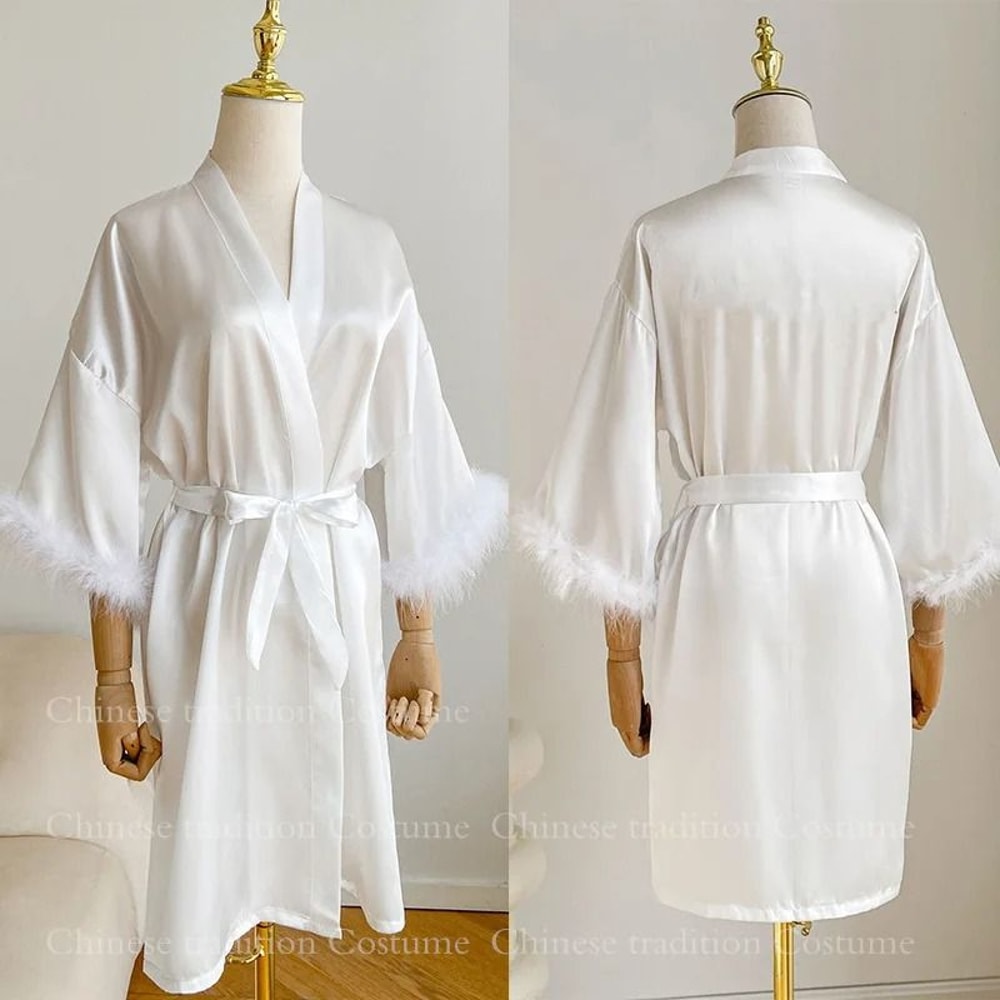 Luxurious White Bridal Feather Robe Professional Satin Wedding Kimono Sexy Bridesmaid Peignoir 2