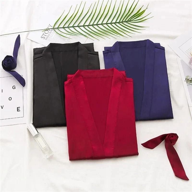 Solid Silk Satin Short Kimono Robe Professional Bridal Party Peignoir Sexy Fashion Bathrobe 1