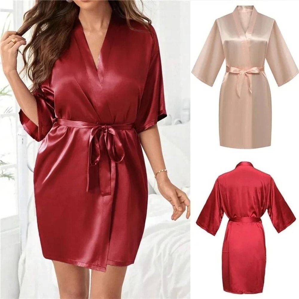 Solid Silk Satin Short Kimono Robe Professional Bridal Party Peignoir Sexy Fashion Bathrobe 5