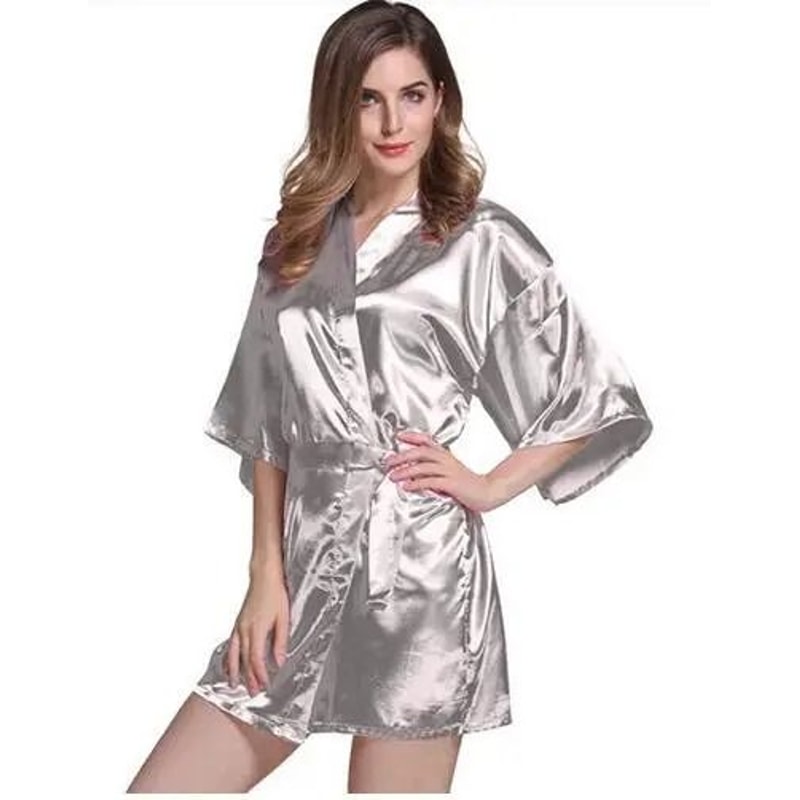 Solid Silk Satin Short Kimono Robe Professional Bridal Party Peignoir Sexy Fashion Bathrobe 23