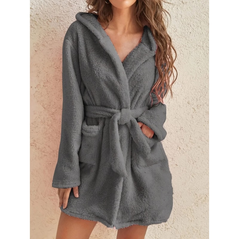 Solid Color Hooded Fleece Robe Professional Warm Autumn Winter Home Loungewear 10