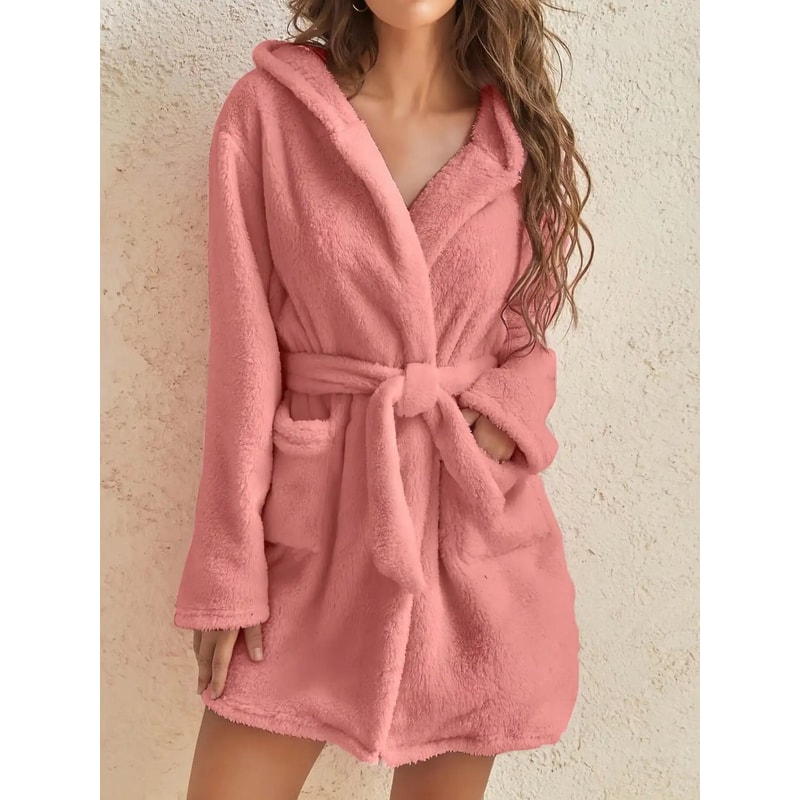 Solid Color Hooded Fleece Robe Professional Warm Autumn Winter Home Loungewear 6