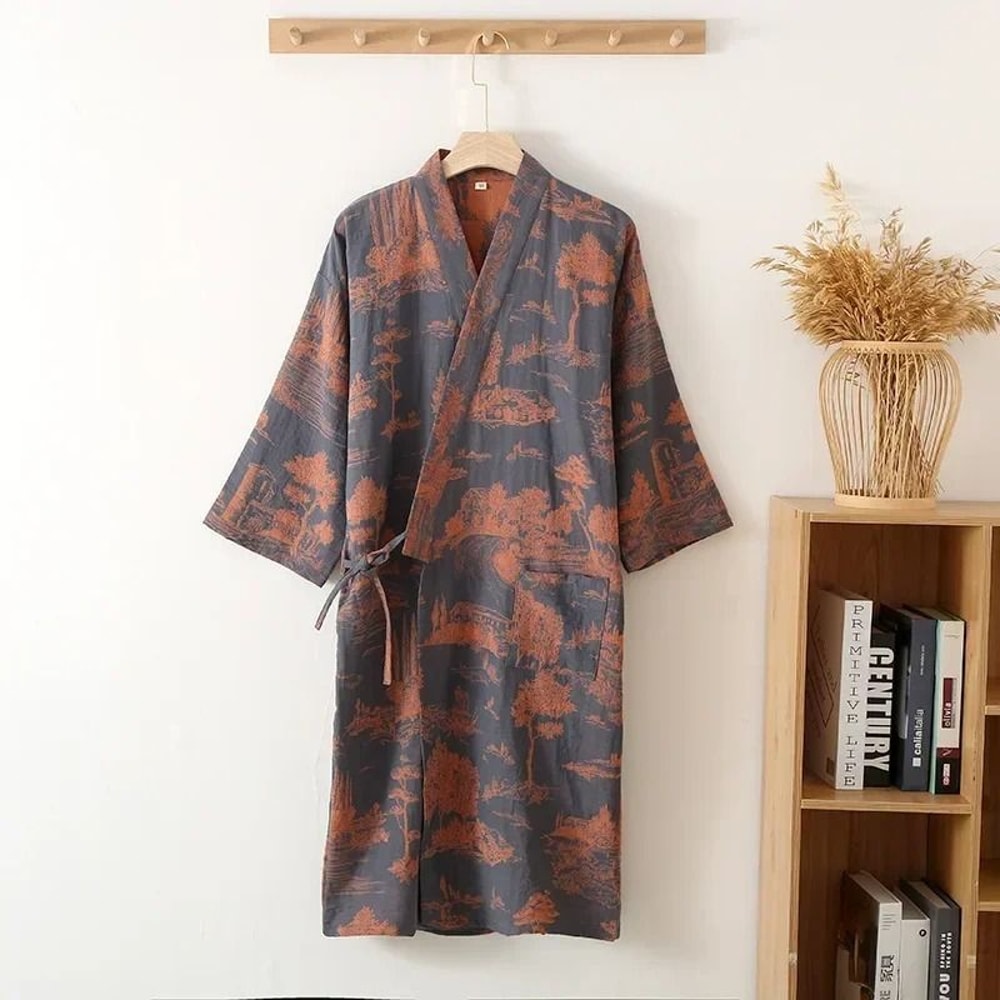 Premium Cotton Printed Kimono Robe For Men Professional Long Style BlueGreen Bathrobe 8