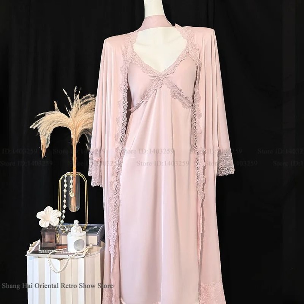 Sexy Lace Trim Female Long Robe Set Professional Satin Suspender Nightdress Casual Summer Bathrob 10