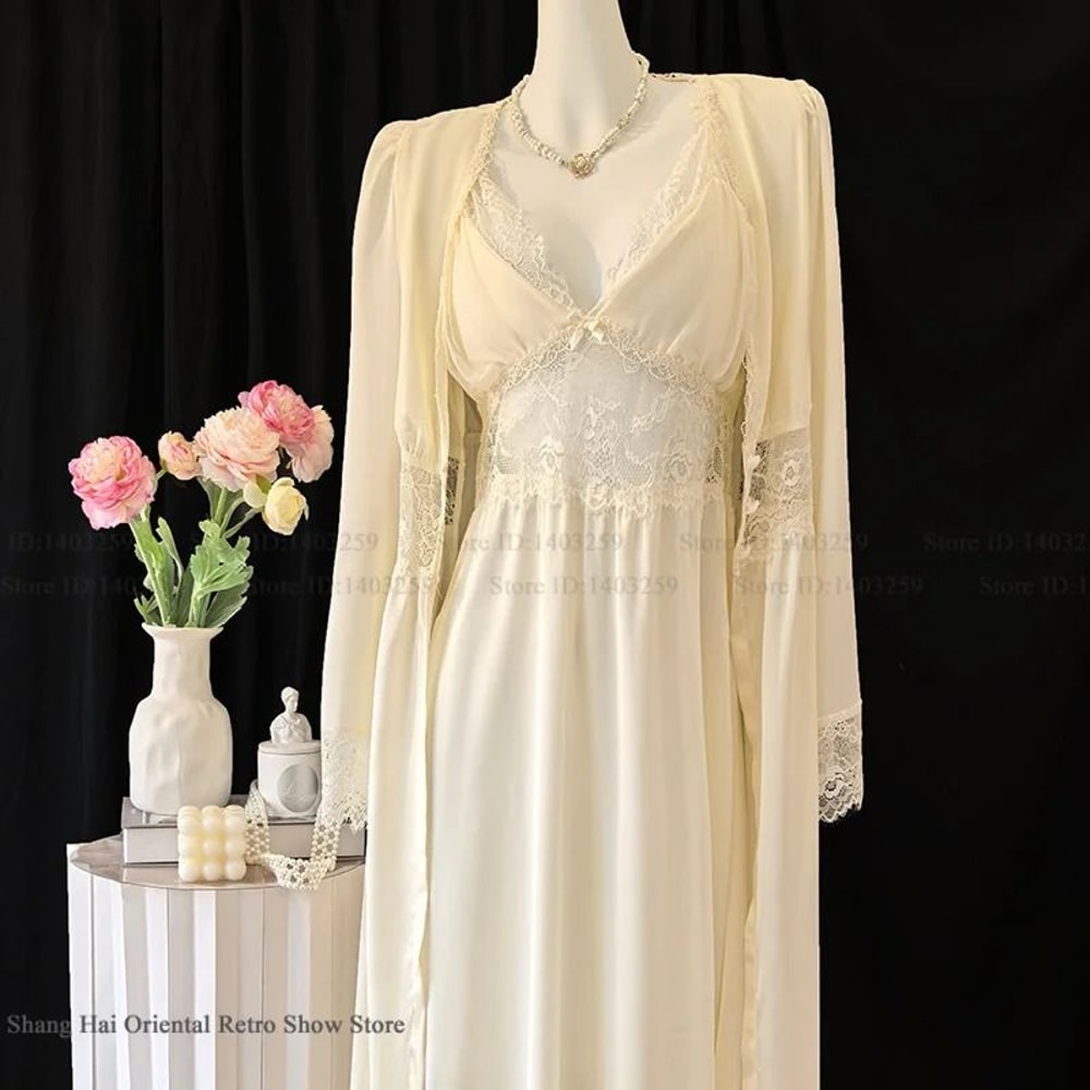 Sexy Lace Trim Female Long Robe Set Professional Satin Suspender Nightdress Casual Summer Bathrob 14