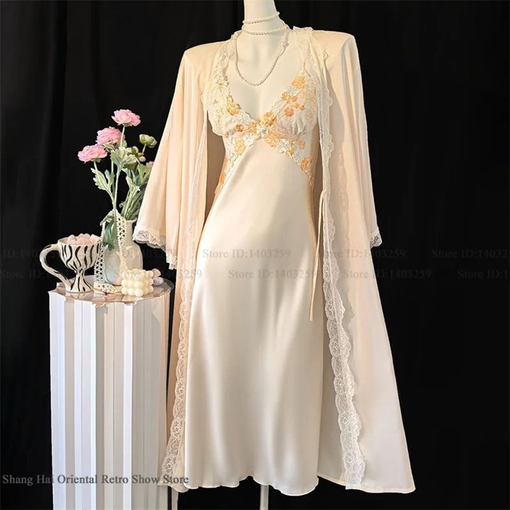 Sexy Lace Trim Female Long Robe Set Professional Satin Suspender Nightdress Casual Summer Bathrob 17