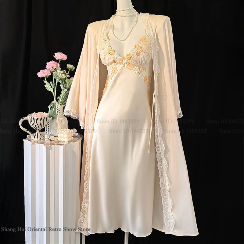 Sexy Lace Trim Female Long Robe Set Professional Satin Suspender Nightdress Casual Summer Bathrob 17
