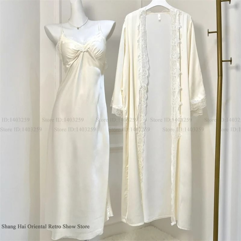 Sexy Lace Trim Female Long Robe Set Professional Satin Suspender Nightdress Casual Summer Bathrob 6