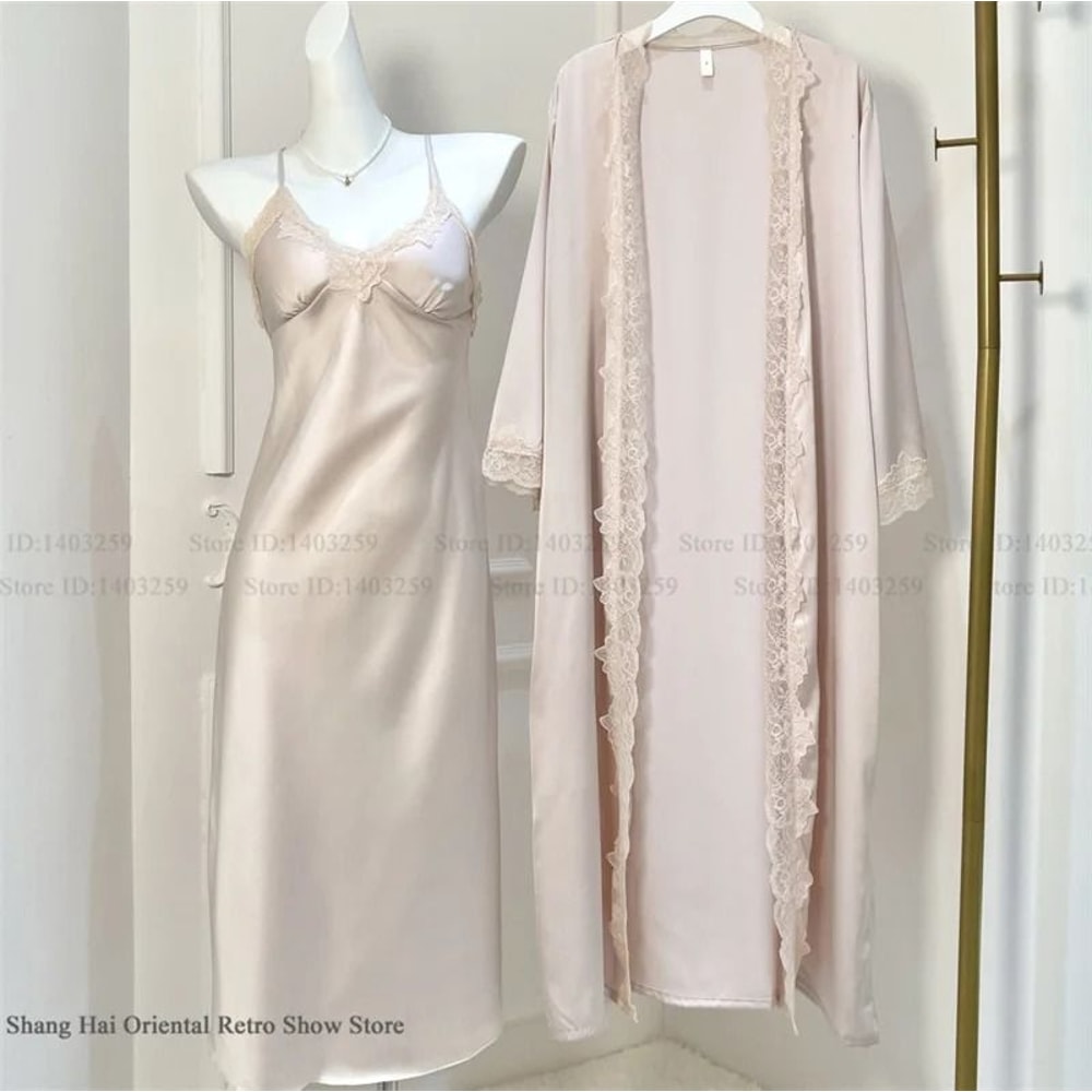 Sexy Lace Trim Female Long Robe Set Professional Satin Suspender Nightdress Casual Summer Bathrob 7