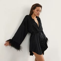 luxurious feather-trimmed satin bathrobe – professional mini peignoir & loose bridal wedding robe