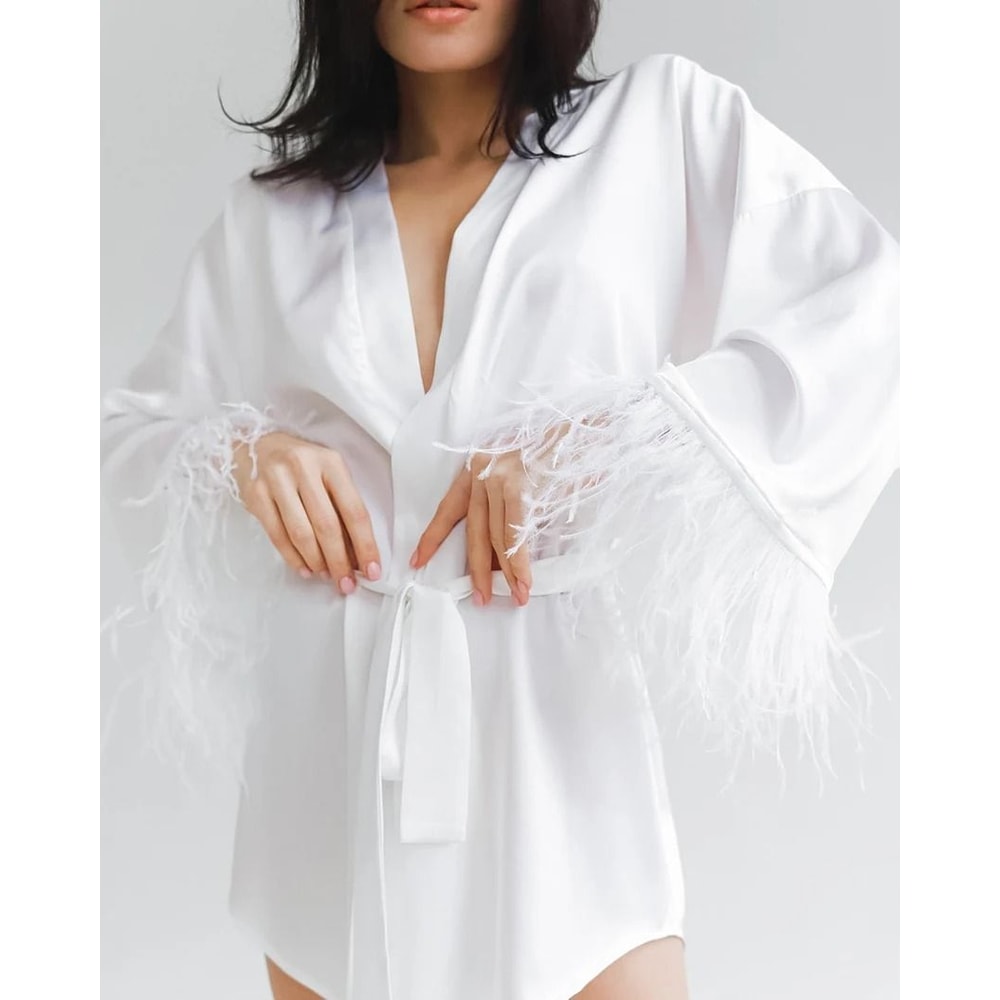 Luxurious FeatherTrimmed Satin Bathrobe Professional Mini Peignoir Loose Bridal Wedding Robe 6