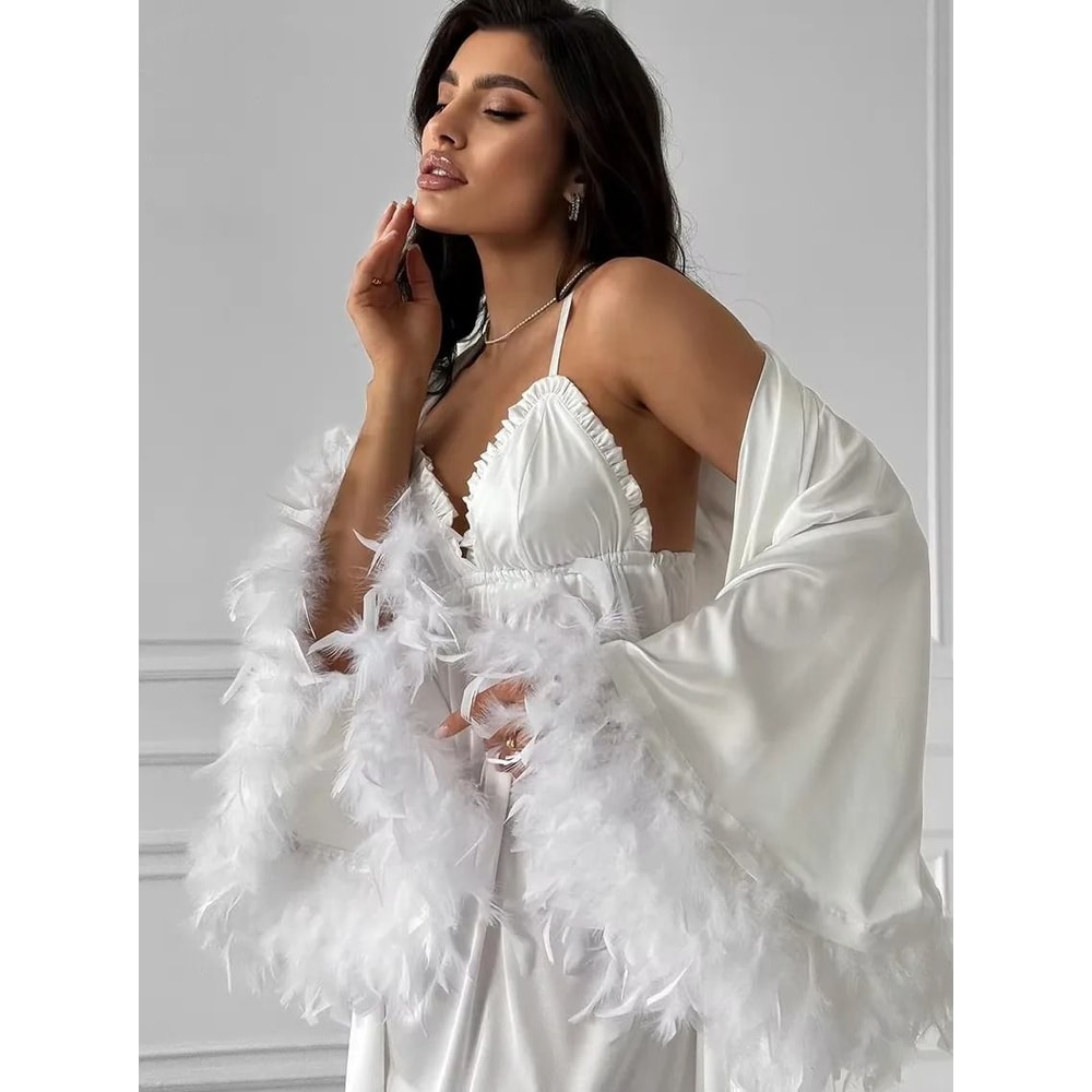 Elegant Feather Bridal Kimono Robe Sexy Rayon Summer Sleepwear Wedding Morning Gown 0