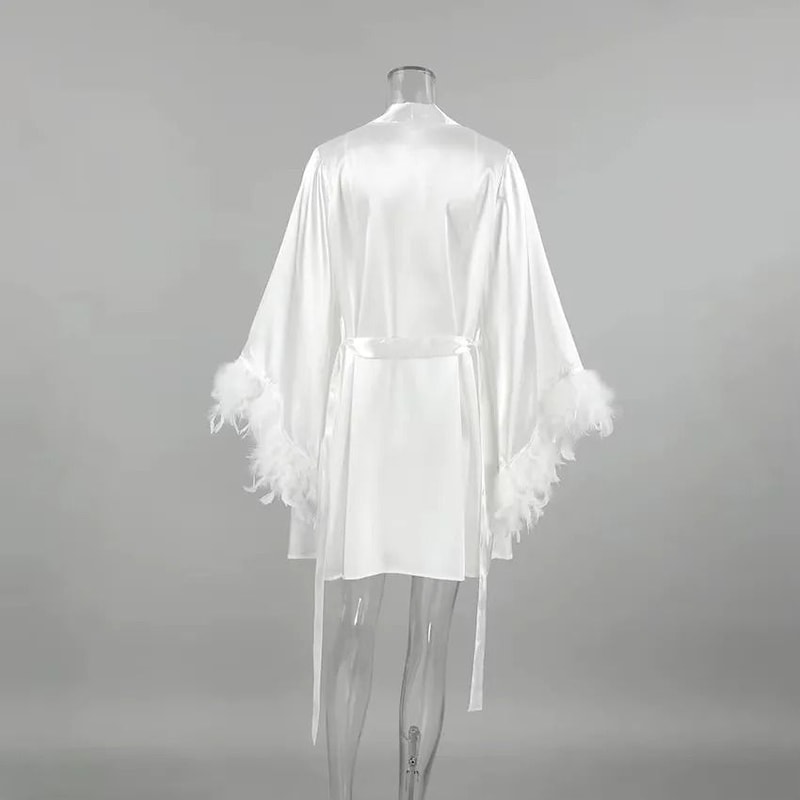 Elegant Feather Bridal Kimono Robe Sexy Rayon Summer Sleepwear Wedding Morning Gown 1