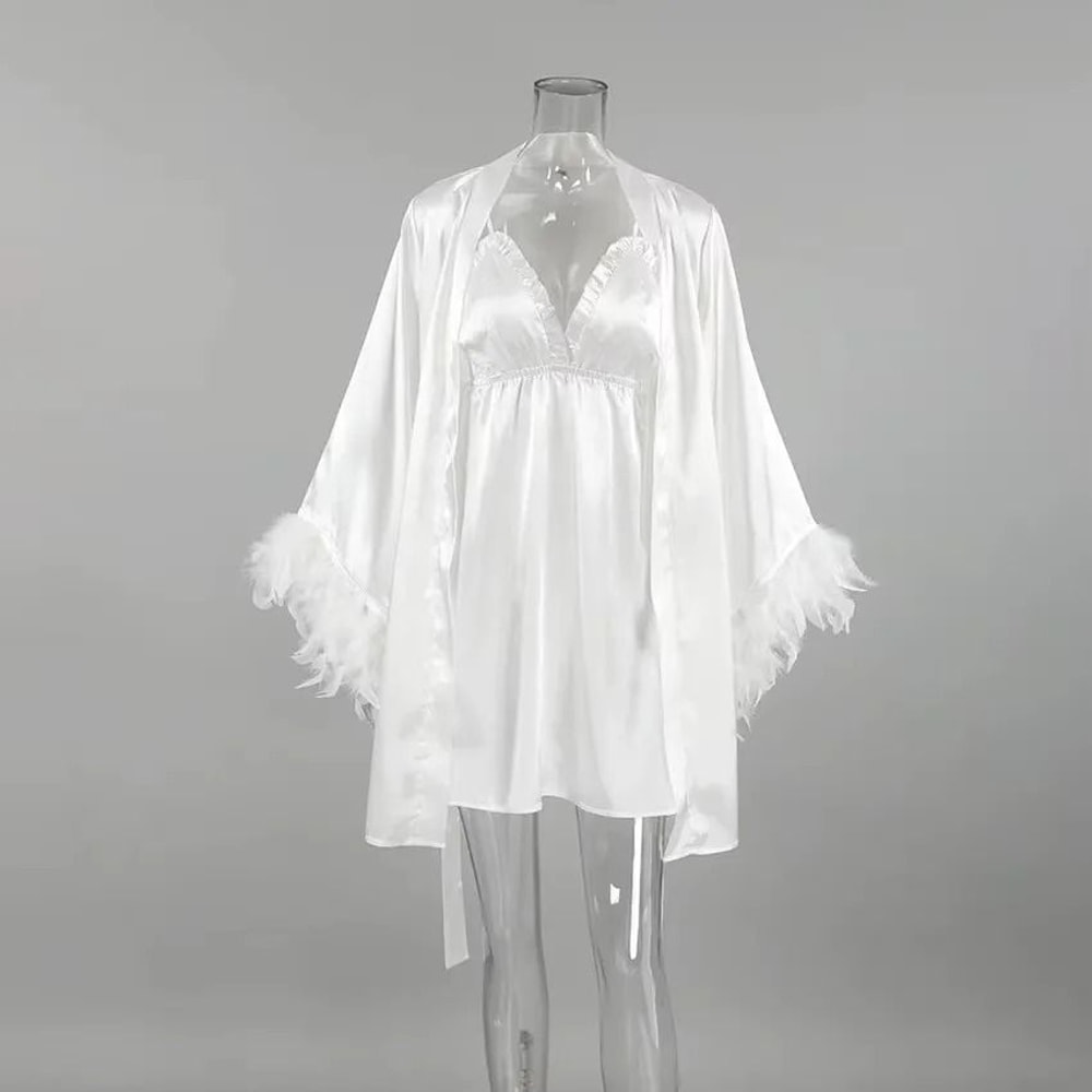 Elegant Feather Bridal Kimono Robe Sexy Rayon Summer Sleepwear Wedding Morning Gown 2