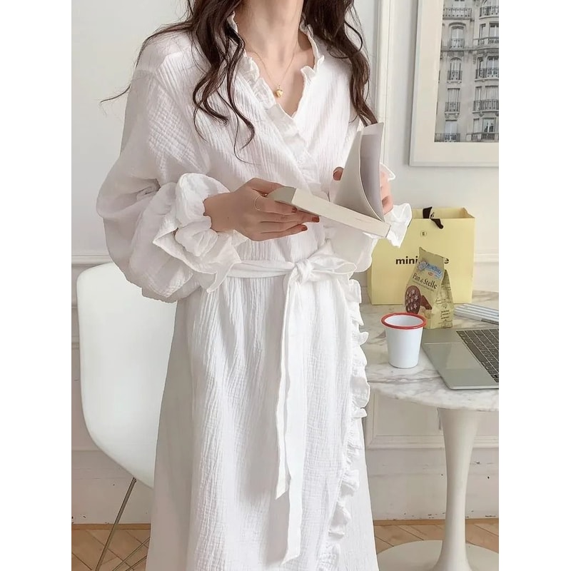 Womens Simple LongSleeved Ruffled Robe Professional Sweet InsStyle Solid Color Home Wear 2