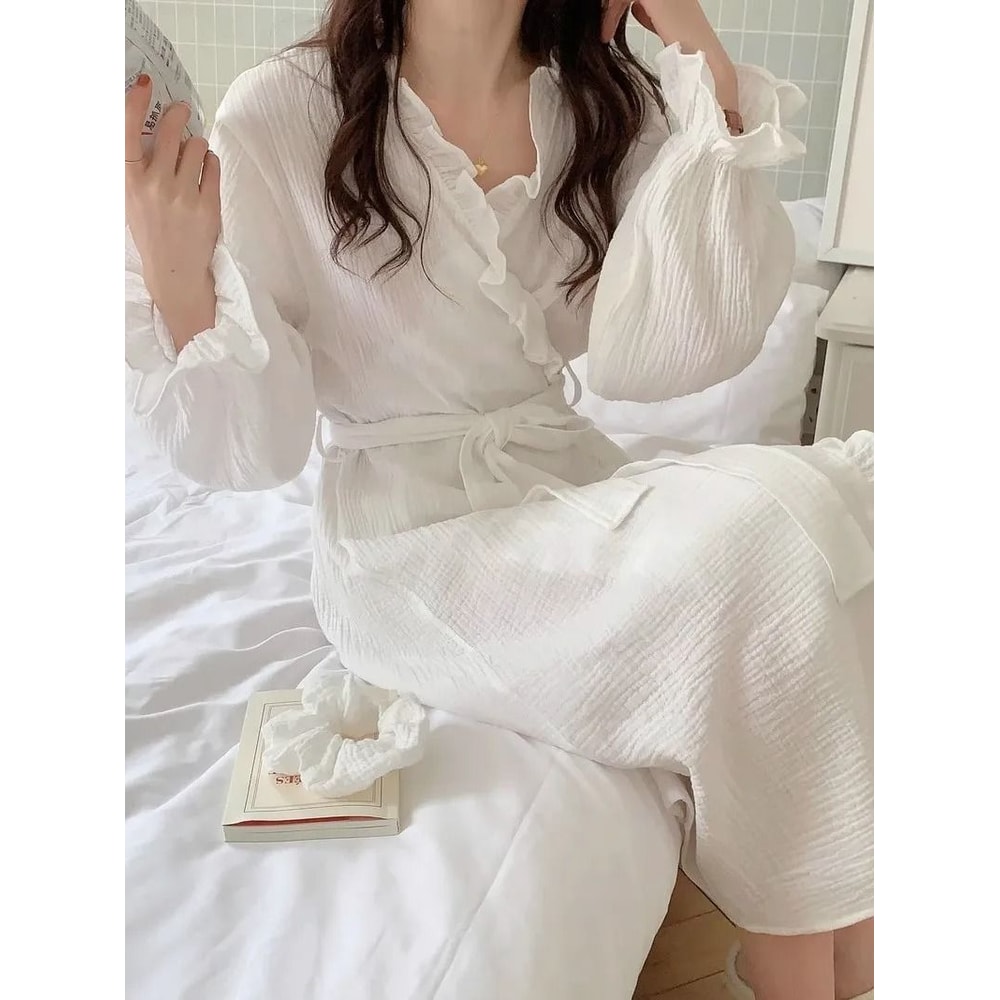 Womens Simple LongSleeved Ruffled Robe Professional Sweet InsStyle Solid Color Home Wear 6