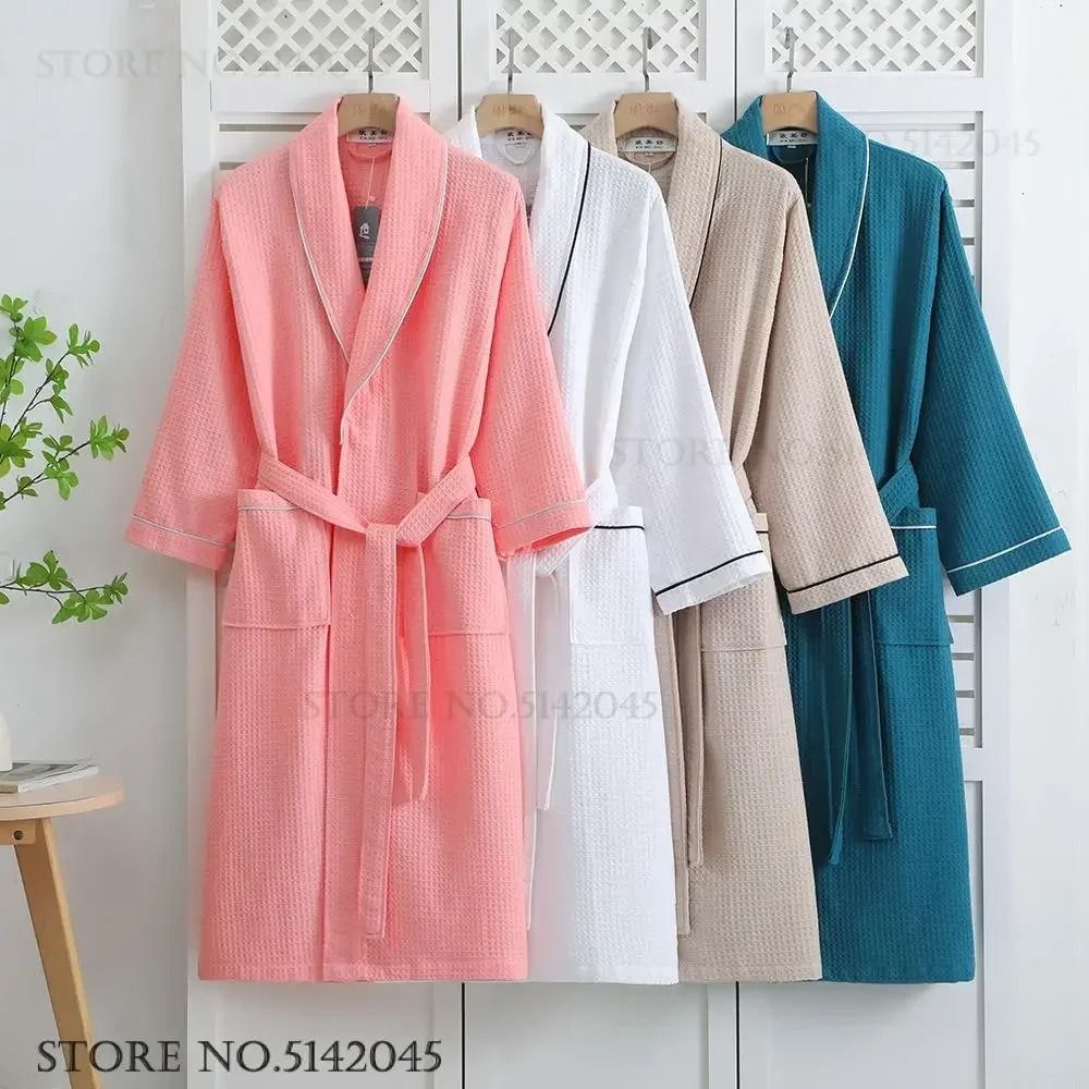 100 Cotton Couple Waffle Robe Professional Kimono Bathrobe Casual Summer Loungewear 2