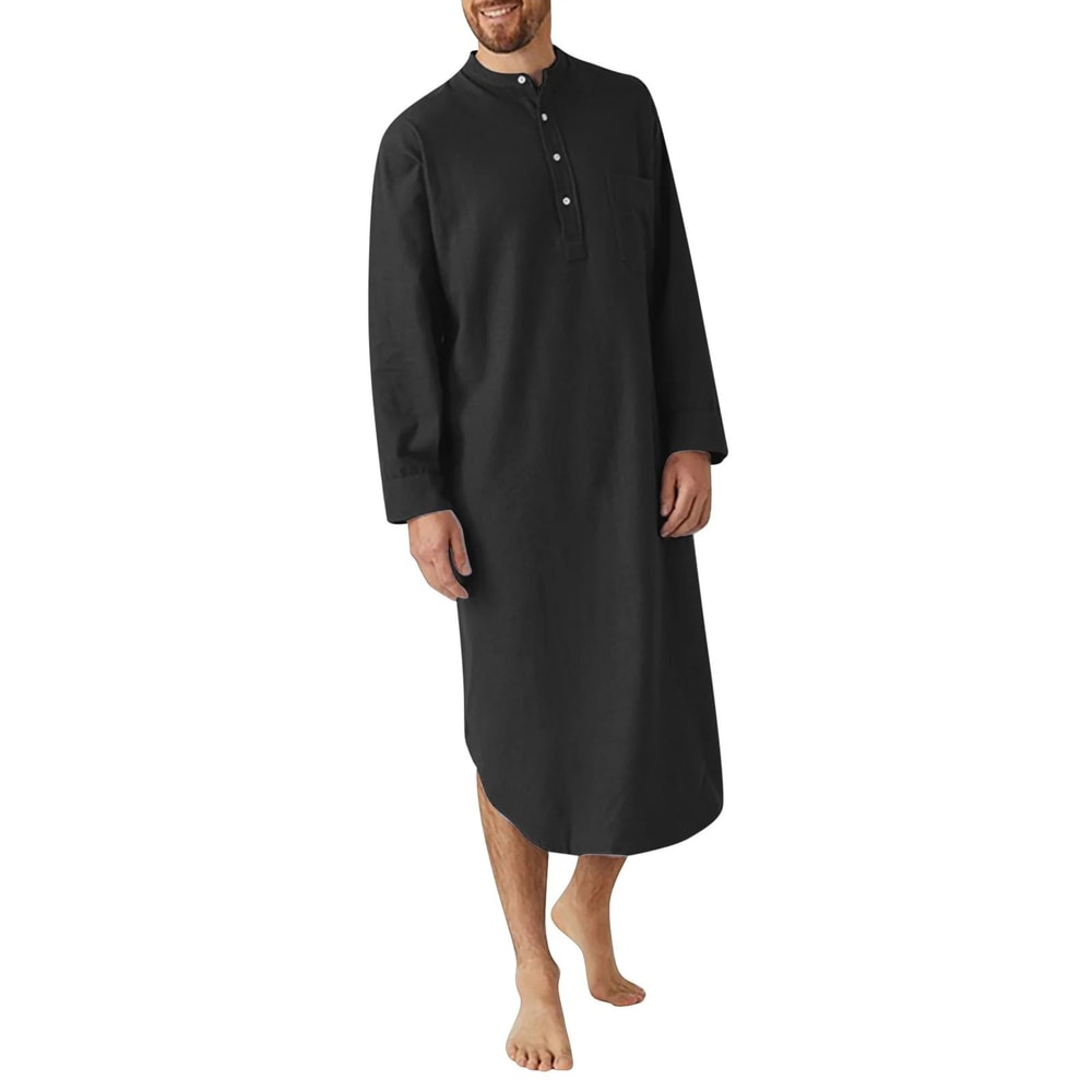 Mens ButtonDown Stand Collar Robe Professional Long Sleeve Nightgown Fashionable Loose Home Wear 3