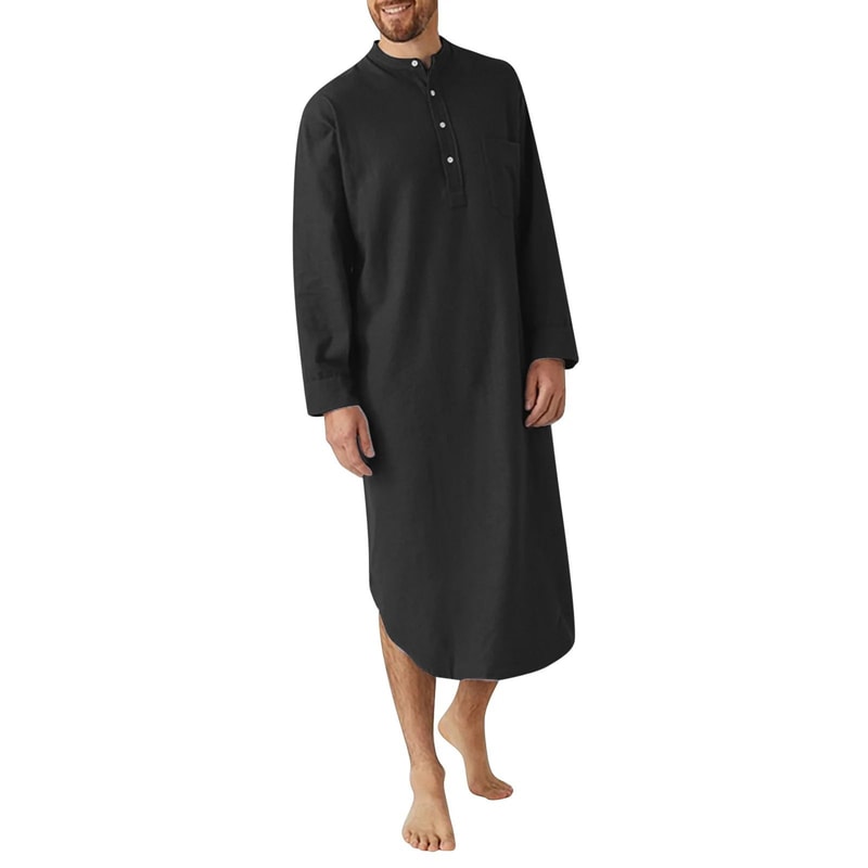 Mens ButtonDown Stand Collar Robe Professional Long Sleeve Nightgown Fashionable Loose Home Wear 3