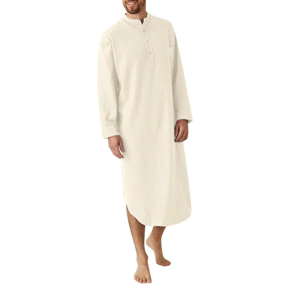 Mens ButtonDown Stand Collar Robe Professional Long Sleeve Nightgown Fashionable Loose Home Wear 4