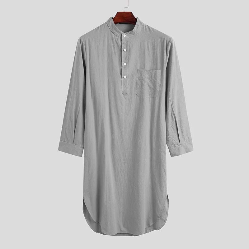 Mens ButtonDown Stand Collar Robe Professional Long Sleeve Nightgown Fashionable Loose Home Wear 9