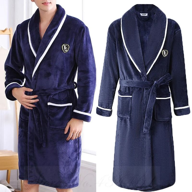 Mens AutumnWinter Thick Flannel Robe Professional Coral Fleece Kimono Plus Size Loungewear 1