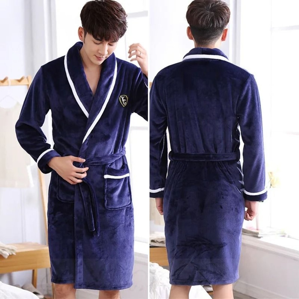 Mens AutumnWinter Thick Flannel Robe Professional Coral Fleece Kimono Plus Size Loungewear 4