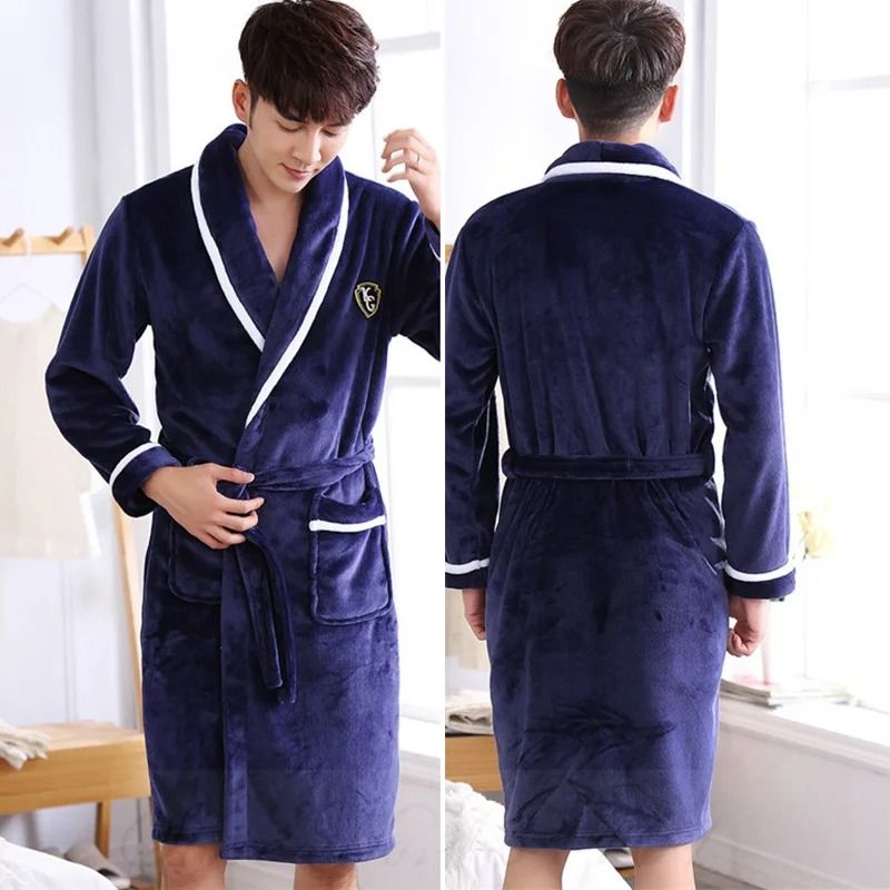 Mens AutumnWinter Thick Flannel Robe Professional Coral Fleece Kimono Plus Size Loungewear 4