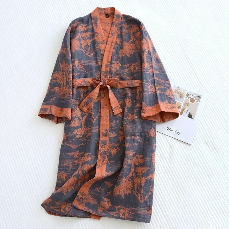Japanese Style Printed Cotton Kimono Professional Loose Fitting Bathrobe Sweat Steaming Pajamas 3
