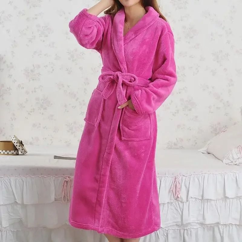 Winter Coral Fleece Long Robe Professional Thickened Flannel Kimono Warm Casual Homewear 11