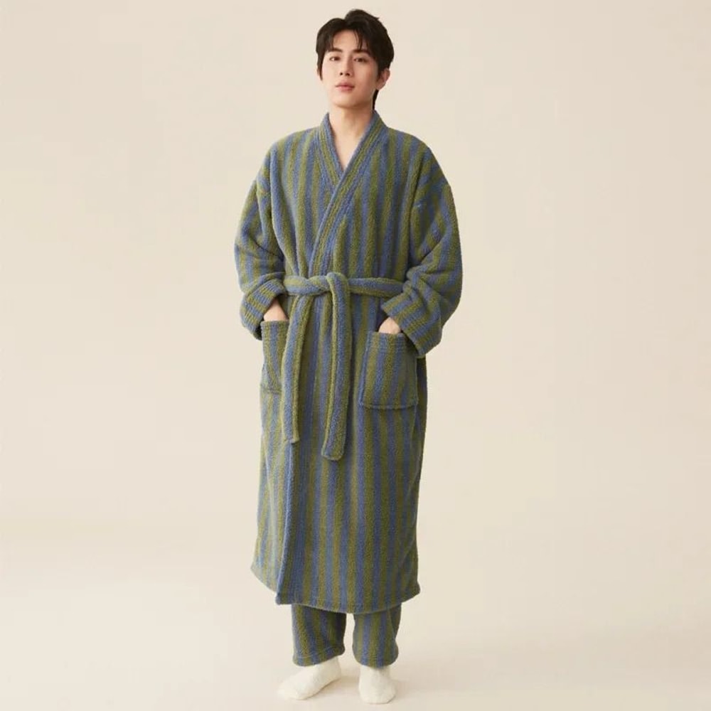 Thickened Flannel Robe Pants Pajamas Set Professional AutumnWinter Striped Couples Home Clothes 10