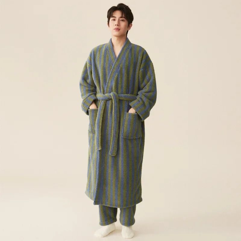 Thickened Flannel Robe Pants Pajamas Set Professional AutumnWinter Striped Couples Home Clothes 10
