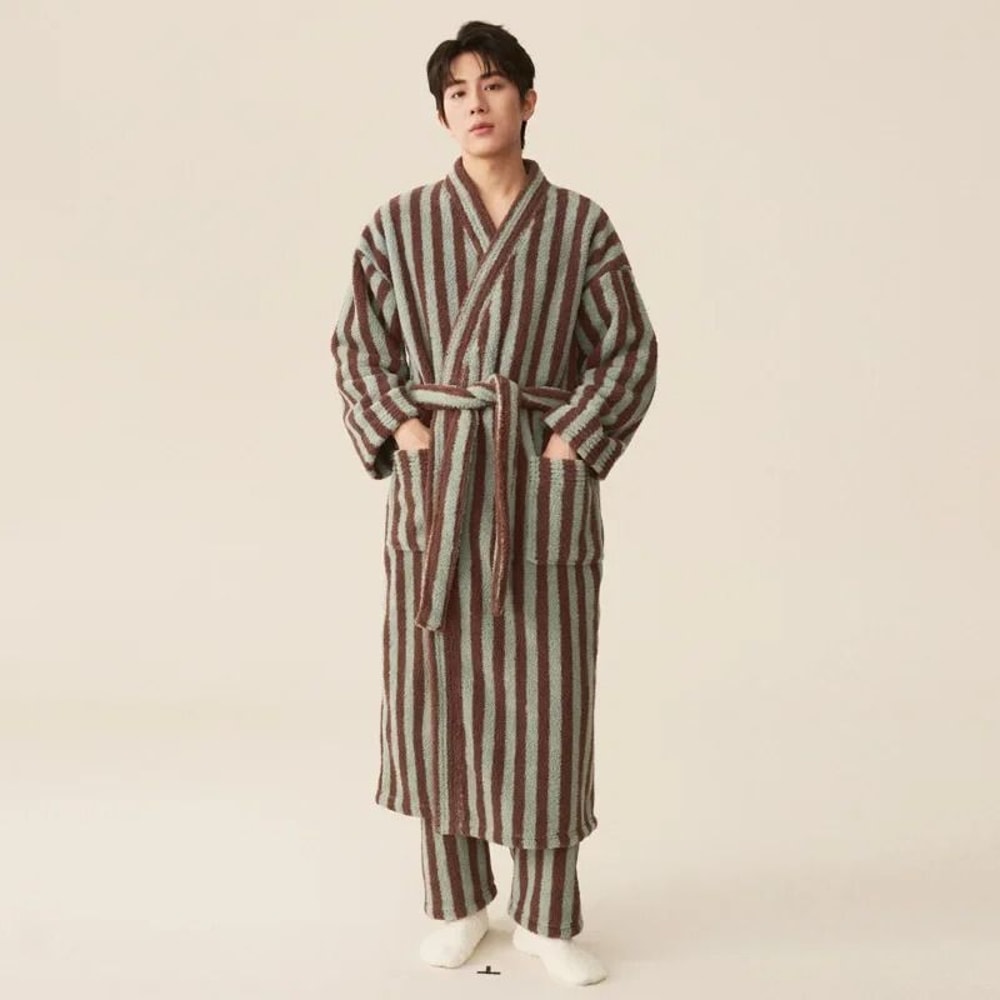 Thickened Flannel Robe Pants Pajamas Set Professional AutumnWinter Striped Couples Home Clothes 11