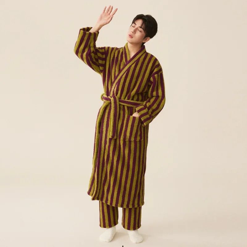 Thickened Flannel Robe Pants Pajamas Set Professional AutumnWinter Striped Couples Home Clothes 12