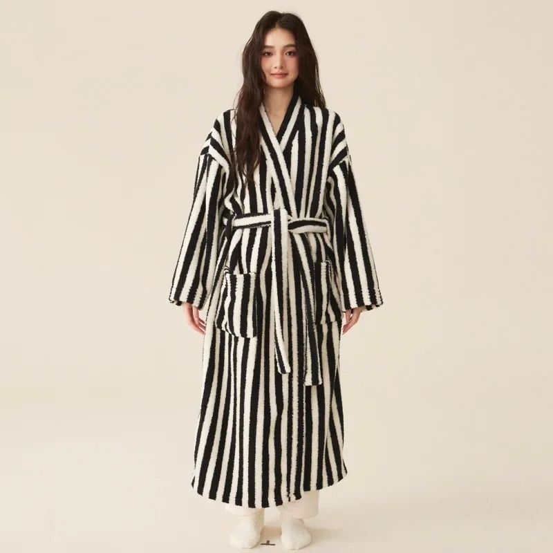Thickened Flannel Robe Pants Pajamas Set Professional AutumnWinter Striped Couples Home Clothes 14