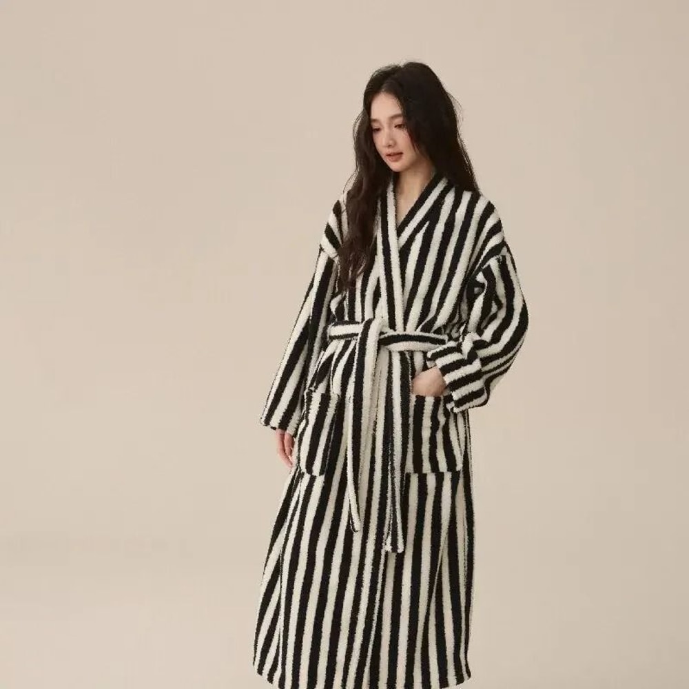 Thickened Flannel Robe Pants Pajamas Set Professional AutumnWinter Striped Couples Home Clothes 1